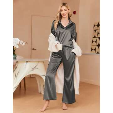 Ekouaer Women's Satin Pajama Sets Long Sleeve Tops Palazzo Pants 2 Piece Outfits Silk Loungewear,Dark Gray,Small