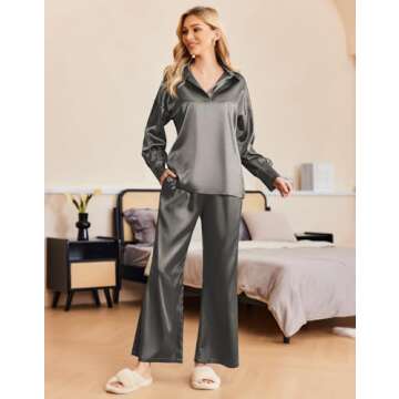 Ekouaer Women's Satin Pajama Sets Long Sleeve Tops Palazzo Pants 2 Piece Outfits Silk Loungewear,Dark Gray,Small