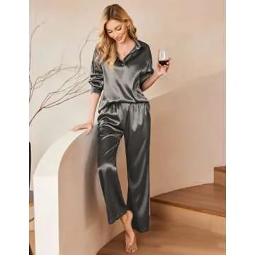 Ekouaer Women's Satin Pajama Sets Long Sleeve Tops Palazzo Pants 2 Piece Outfits Silk Loungewear,Dark Gray,Small