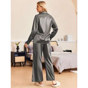 Ekouaer Women's Satin Pajama Sets Long Sleeve Tops Palazzo Pants 2 Piece Outfits Silk Loungewear,Dark Gray,Small