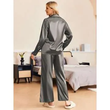 Ekouaer Women's Satin Pajama Sets Long Sleeve Tops Palazzo Pants 2 Piece Outfits Silk Loungewear,Dark Gray,Small