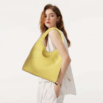 Women Vegan Leather Hand-Woven Tote Handbag Fashion Shoulder Top-handle Bag All-Match Underarm Bag with Purse (Chicken yellow)
