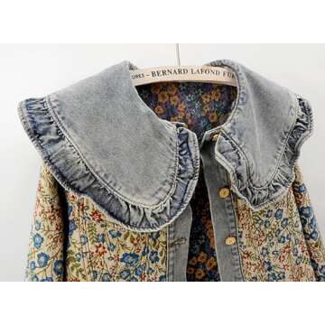 BlueFire2015 Women’s Sweet Peter Pan Collar Long Sleeve Jacquard Denim Jacket (US, Alpha, Medium, Regular, Regular, blue)