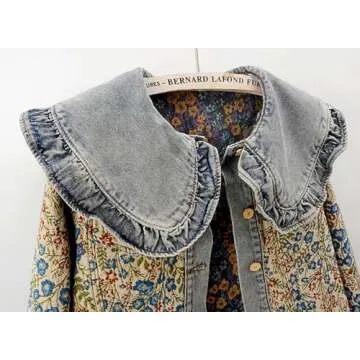 BlueFire2015 Women’s Sweet Peter Pan Collar Long Sleeve Jacquard Denim Jacket (US, Alpha, Medium, Regular, Regular, blue)