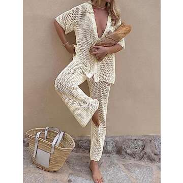 Famulily Womens Sexy Hollow Out Swimsuit Cover Up Sets Button Up Tops and Drawstring Pants 2 Piece Beach Set