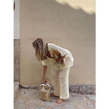 Famulily Womens Sexy Hollow Out Swimsuit Cover Up Sets Button Up Tops and Drawstring Pants 2 Piece Beach Set