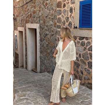 Famulily Womens Sexy Hollow Out Swimsuit Cover Up Sets Button Up Tops and Drawstring Pants 2 Piece Beach Set