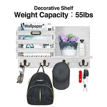 GREENSTELL Mail Holder, Large Size Wall Mounted Mail Organizer with Tags & 4 Double Key Hooks, Rustic Wood Mail Sorter, Home Decor for Entryroom, Mudroom, Hallway, Kitchen, Office White Gray