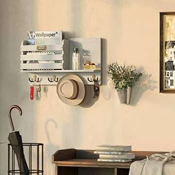 GREENSTELL Mail Holder, Large Size Wall Mounted Mail Organizer with Tags & 4 Double Key Hooks, Rustic Wood Mail Sorter, Home Decor for Entryroom, Mudroom, Hallway, Kitchen, Office White Gray