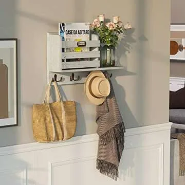 GREENSTELL Mail Holder, Large Size Wall Mounted Mail Organizer with Tags & 4 Double Key Hooks, Rustic Wood Mail Sorter, Home Decor for Entryroom, Mudroom, Hallway, Kitchen, Office White Gray