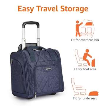Amazon Basics Underseat Carry On Luggage with Wheels - 14-Inch Rolling Travel Bag, Navy Blue Quilted