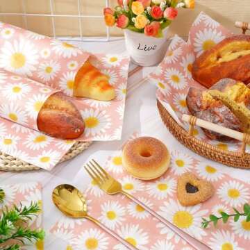 JarThenaAMCS 150Pcs Daisy Pink Wax Paper Spring Flower Deli Paper Pastel Floral Sandwich Wrap Paper Tissue Waterproof Oil-Proof Picnic Liners for Party Kitchen Supplies, 9.8 x 8.3 Inch