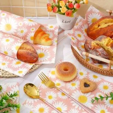 JarThenaAMCS 150Pcs Daisy Pink Wax Paper Spring Flower Deli Paper Pastel Floral Sandwich Wrap Paper Tissue Waterproof Oil-Proof Picnic Liners for Party Kitchen Supplies, 9.8 x 8.3 Inch