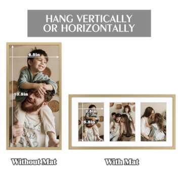 Golden State Art, 4x6 Aluminum Collage Frame, Displays 6x4 Pictures With 3 Openings Mat or One 7x14 Photo, Real Glass, Portrait/Landscape Wall Display, Gold, 1 Pack