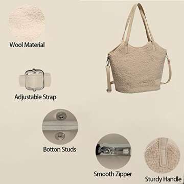 Large Fleece Sherpa Purse Teddy Plush Fluffy Furry Fuzzy Tote Bag Faux Fur Handbags for Women Ladies Crossbody Shoulder Beige