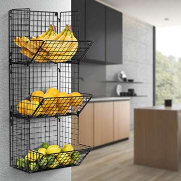 Sorbus Hanging Fruit Basket Wall Mounted Wire Metal Bins - 3 Tier Storage Basket Organizer for Kitch...