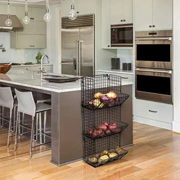 Sorbus Hanging Fruit Basket Wall Mounted Wire Metal Bins - 3 Tier Storage Basket Organizer for Kitchen Storage, Great for Produce Fruits & Vegetables, Potato Onion Storage Bathroom Tower (Black)