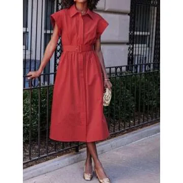 Jenkoon Women's Turn Down Collar Shirt Dress with Belt Short Sleeve Shell Trench Coat Formal Dresses(Red,M)