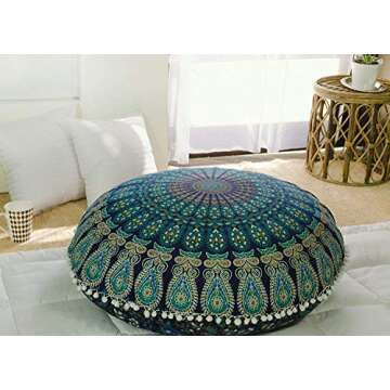 Popular Handicrafts Floor Pillow Cushion Cover - Hippie Mandala Cushion Cover Large Cotton - Pouf Cover Round Bohemian Yoga Decor, 32" Blue Turqouise