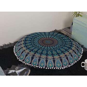 Popular Handicrafts Floor Pillow Cushion Cover - Hippie Mandala Cushion Cover Large Cotton - Pouf Cover Round Bohemian Yoga Decor, 32" Blue Turqouise
