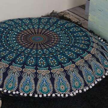 Popular Handicrafts Floor Pillow Cushion Cover - Hippie Mandala Cushion Cover Large Cotton - Pouf Cover Round Bohemian Yoga Decor, 32" Blue Turqouise