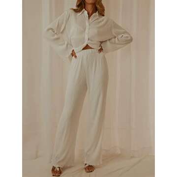 Creaion Street Wear Outfits for Women 2 Piece Casual Plisse Set Long Sleeve Button Down Shirt High Waist Long Pants Loungewear Suits Cream