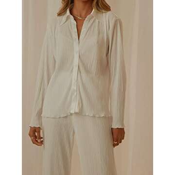 Creaion Street Wear Outfits for Women 2 Piece Casual Plisse Set Long Sleeve Button Down Shirt High Waist Long Pants Loungewear Suits Cream