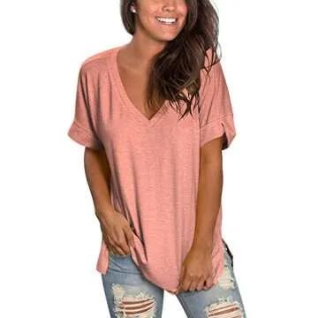 Liher Womens Casual Tops V Neck Short Sleeve Loose Fit Summer Tshirts