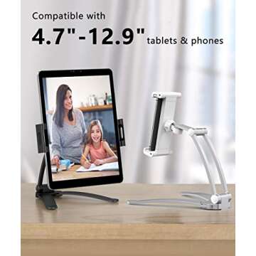 AYADA Kitchen Cabinet Tablet Holder, 2 in 1 Wall Mount Desktop Stand for ipad 12.9 Aluminum Alloy Metal Adjustable Multiangle Foldable Universal Phone Tablet Bracket Cooking Table Counter Top (Silver)