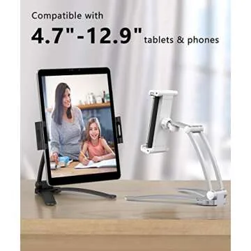 AYADA Kitchen Cabinet Tablet Holder, 2 in 1 Wall Mount Desktop Stand for ipad 12.9 Aluminum Alloy Metal Adjustable Multiangle Foldable Universal Phone Tablet Bracket Cooking Table Counter Top (Silver)