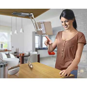 AYADA Kitchen Cabinet Tablet Holder, 2 in 1 Wall Mount Desktop Stand for ipad 12.9 Aluminum Alloy Metal Adjustable Multiangle Foldable Universal Phone Tablet Bracket Cooking Table Counter Top (Silver)