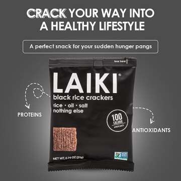 LAIKI Black Rice Crackers - Gluten Free Snacks - Deliciously Light and Airy Crunch - Allergen-Friendly, Vegan, Non-GMO Verified, FODMAP Friendly Rice Crackers Red Rice - 0.74 Ounce Bag (Pack of 12)