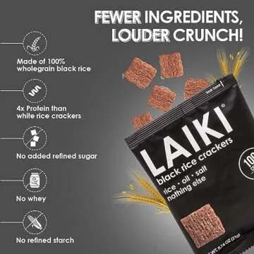 LAIKI Black Rice Crackers - Gluten Free Snacks - Deliciously Light and Airy Crunch - Allergen-Friendly, Vegan, Non-GMO Verified, FODMAP Friendly Rice Crackers Red Rice - 0.74 Ounce Bag (Pack of 12)