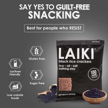 LAIKI Black Rice Crackers - Gluten Free Snacks - Deliciously Light and Airy Crunch - Allergen-Friendly, Vegan, Non-GMO Verified, FODMAP Friendly Rice Crackers Red Rice - 0.74 Ounce Bag (Pack of 12)
