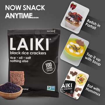 LAIKI Black Rice Crackers - Gluten Free Snacks - Deliciously Light and Airy Crunch - Allergen-Friendly, Vegan, Non-GMO Verified, FODMAP Friendly Rice Crackers Red Rice - 0.74 Ounce Bag (Pack of 12)