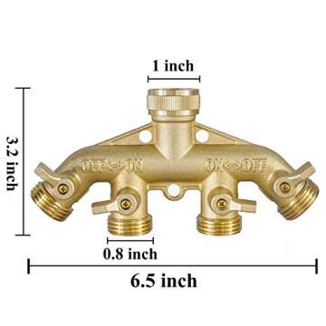Hourleey Brass Garden Hose Splitter (4 Way), Solid Brass Hose Connector 3/4", Hose Spigot Adapter 4 Valves with 4 Extra Rubber Washers
