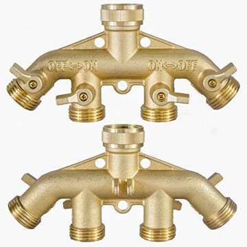 Hourleey Brass Garden Hose Splitter (4 Way), Solid Brass Hose Connector 3/4", Hose Spigot Adapter 4 Valves with 4 Extra Rubber Washers