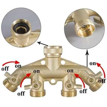 Hourleey Brass Garden Hose Splitter (4 Way), Solid Brass Hose Connector 3/4", Hose Spigot Adapter 4 Valves with 4 Extra Rubber Washers