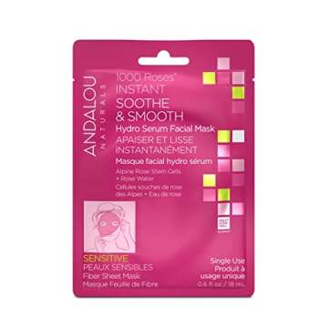 Andalou Naturals 1000 Roses Instant Soothe & Smooth Hydro Serum Facial Sheet Mask, Sensitive, Non GMO, 0.6 Fluid Ounces (Pack Of 6)