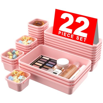 22PCS A-LUGEI Plastic Pink Desk Drawer Organizer - Bathroom and Office Storage Solution