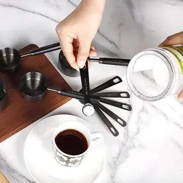 PrettyFine Collection 10 Piece Gunmetal Gray Polished Finish,Measuring Cups Set and Measuring Spoons, Black With fragrant wood Handles-Complete Set of Measure Cups and Spoons For Cooking and Baking.