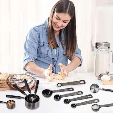 PrettyFine Collection 10 Piece Gunmetal Gray Polished Finish,Measuring Cups Set and Measuring Spoons, Black With fragrant wood Handles-Complete Set of Measure Cups and Spoons For Cooking and Baking.