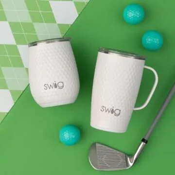 Swig Life 18oz Travel Mug, Insulated Tumbler with Handle and Lid, Cup Holder Friendly, Dishwasher Safe, Stainless Steel, Travel Coffee Cup (Golf Ball)