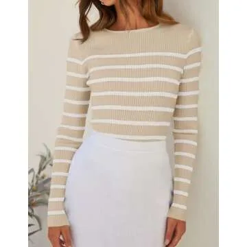 ZESICA Women's Long Sleeve Crewneck Striped Shirts Spring Ribbed Knit Sweater Slim Fitted Casual Basic Tee Tops,Apricot,Small