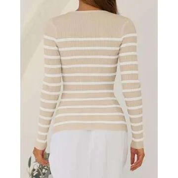 ZESICA Women's Long Sleeve Crewneck Striped Shirts Spring Ribbed Knit Sweater Slim Fitted Casual Basic Tee Tops,Apricot,Small
