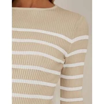 ZESICA Women's Long Sleeve Crewneck Striped Shirts Spring Ribbed Knit Sweater Slim Fitted Casual Basic Tee Tops,Apricot,Small