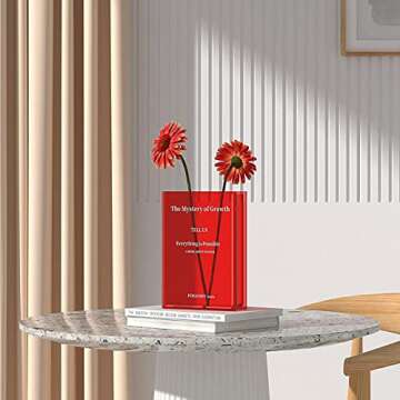 Puransen Red Book Flowers Vase - Cute Bookshelf Decor, Unique Vase for Book Lovers, Artistic and Cul...