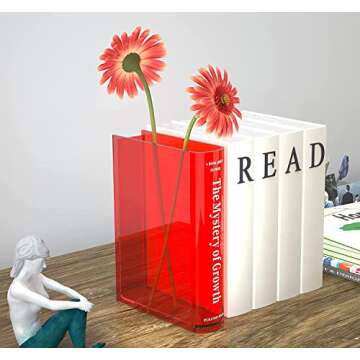 Puransen Red Book Flowers Vase - Cute Bookshelf Decor, Unique Vase for Book Lovers, Artistic and Cultural Flavor Acrylic Vases for Home Office Decor; A Book About Flowers (Clear Red)