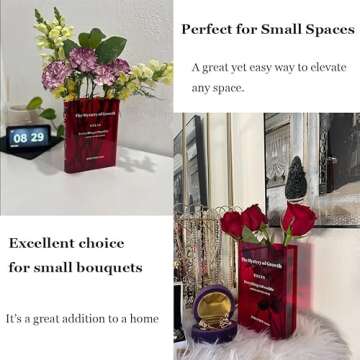 Puransen Red Book Flowers Vase - Cute Bookshelf Decor, Unique Vase for Book Lovers, Artistic and Cultural Flavor Acrylic Vases for Home Office Decor; A Book About Flowers (Clear Red)