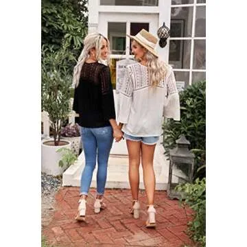 FARYSAYS Women's Clothing V Neck Lace Crochet Long Sleeve Button Down Shirts Casual Loose Tops Blouses Black Large